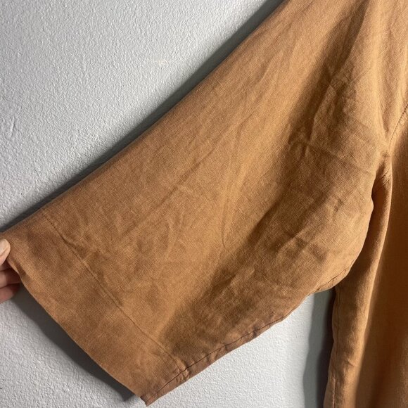 Pure jill Elements Brown Button-Up Linen Jacket Pockets 2X High Collar 3/4 Sleev - Picture 5 of 10